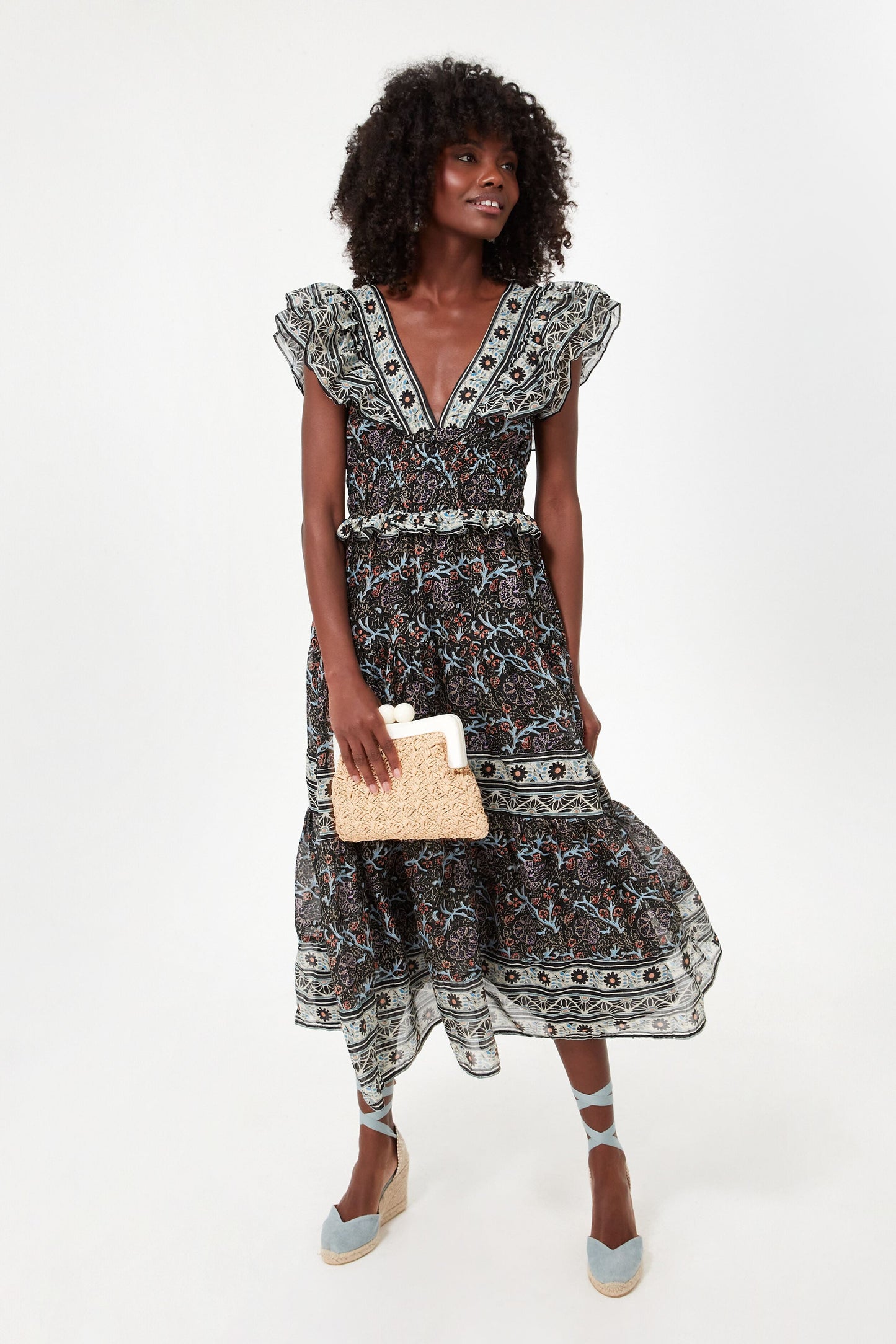 Black Marlee Print Flutter Sleeve Dress